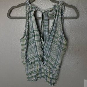 Plaid Tie-Back Sleeveless Top in Green and White